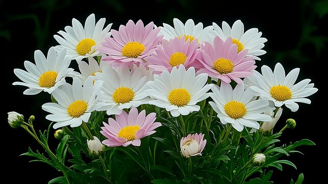 Fresh white and pink daisies with yellow centers against dark background, blooming garden flowers with green leaves and buds, natural floral composition.