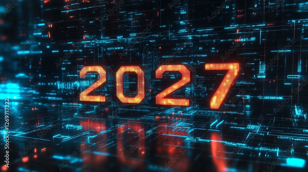 Poster glowing digital 2027 numbers in futuristic cyberpunk style on abstract technology background