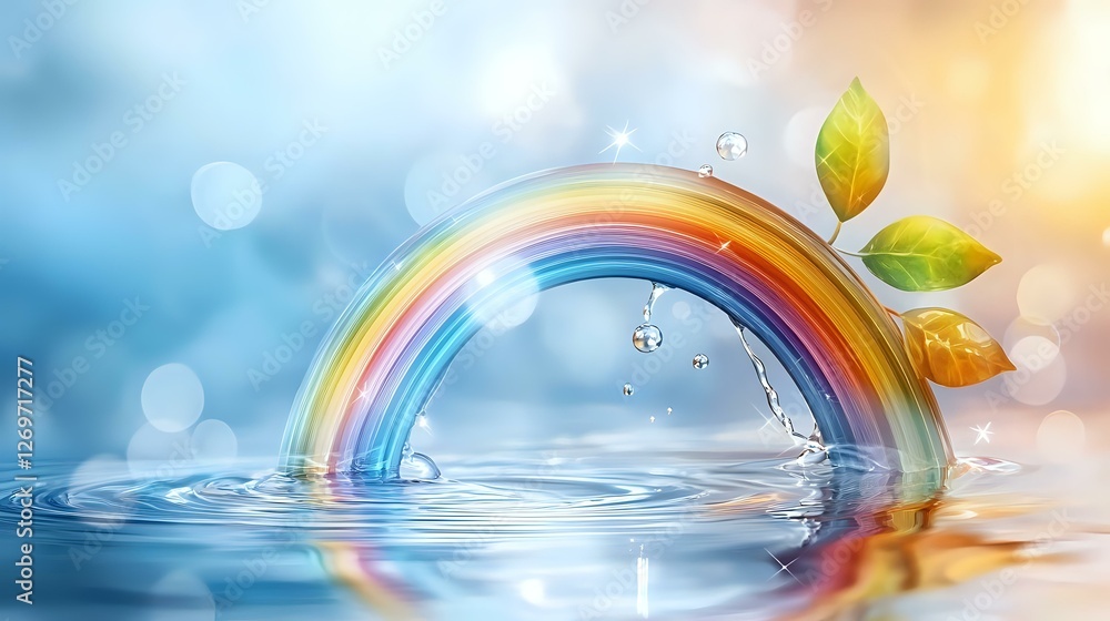 Poster magical rainbow arch emerging from tranquil water surface with floating autumn leaves and water drop