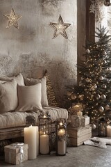 Christmas tree and sofa with cushions illuminating a rustic living room