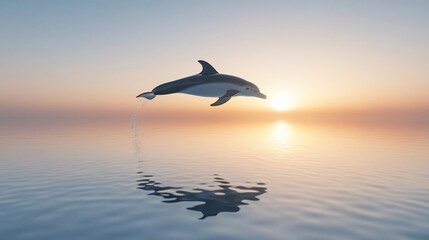 Dolphin leaping ocean sunset; peaceful scene