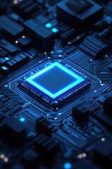 AI logo on a chip, with blue light glowing against a dark.