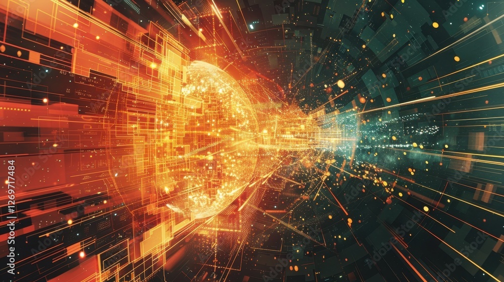 Poster abstract representation of scientific exploration showcasing vibrant light trails and digital data s