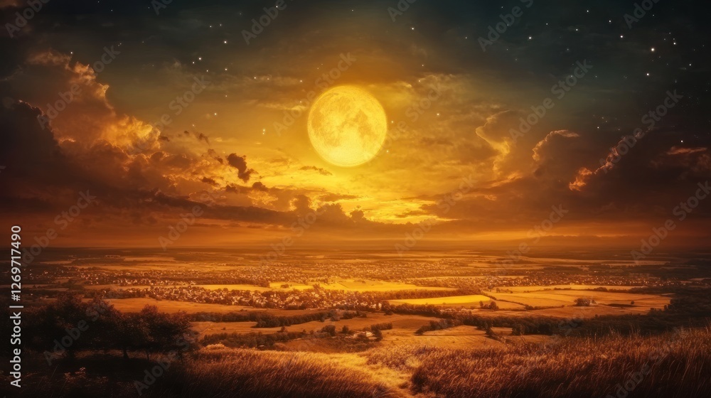 Sticker Golden Moonlit Landscape Over Rural Town