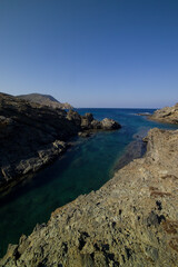 coast of the mediterranean sea, Shale cliffs at Narrows. Asinara National Park. Sassari. Sardinia. Italy. Asinara National Park