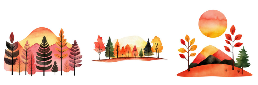 First day of fall element, Vibrant autumn landscape with colorful trees and sunset hues, isolated on transparent background.