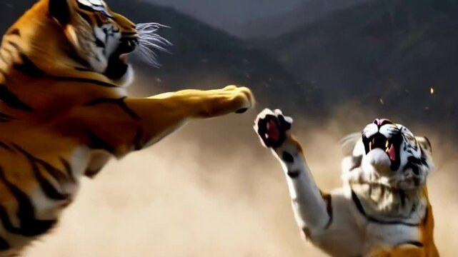 Tiger Stalking Through Dense Jungle in Slow Motion, Tiger fighting animation high resolution cinematic Creative 4k video