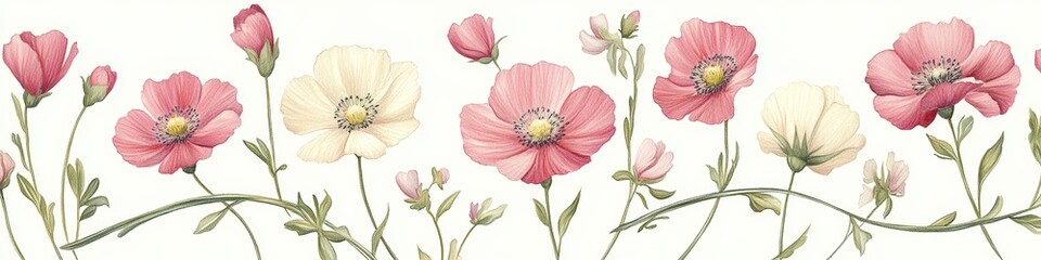 Delicate Coral Cosmos Flowers in Watercolor, Dreamy Floral Illustration in Gentle Pastel Style