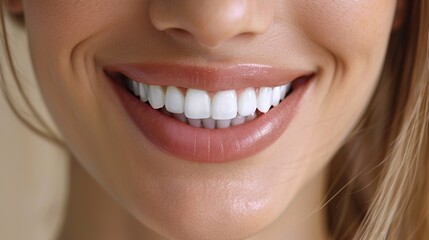Obraz premium Close-up of a young Caucasian woman smiling, showing perfect teeth and healthy lips, radiating confidence and warmth.
