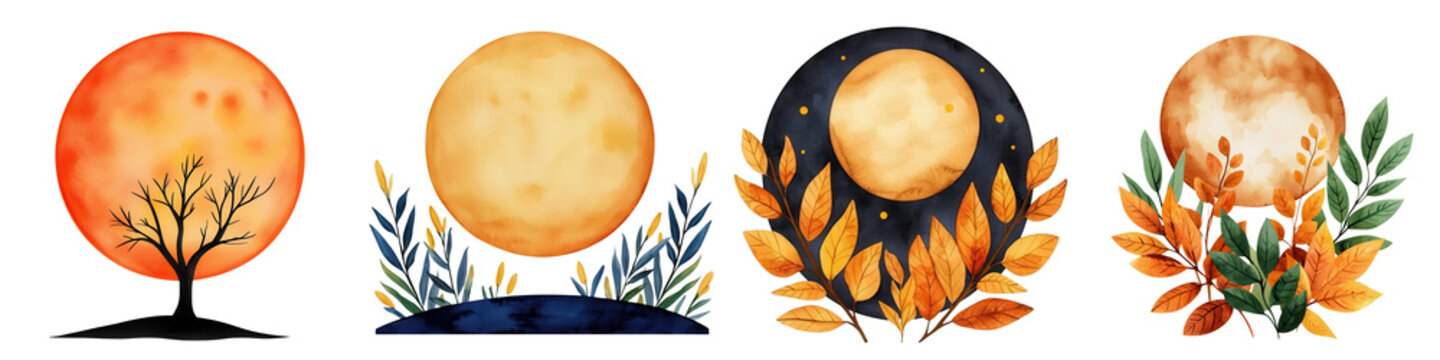 First day of fall element, Harvest moon night scene with autumn leaves and trees, creating warm atmosphere, isolated on transparent background.