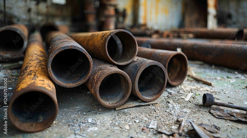 Aufkleber rusty pipes in an abandoned industrial setting with rustic charm