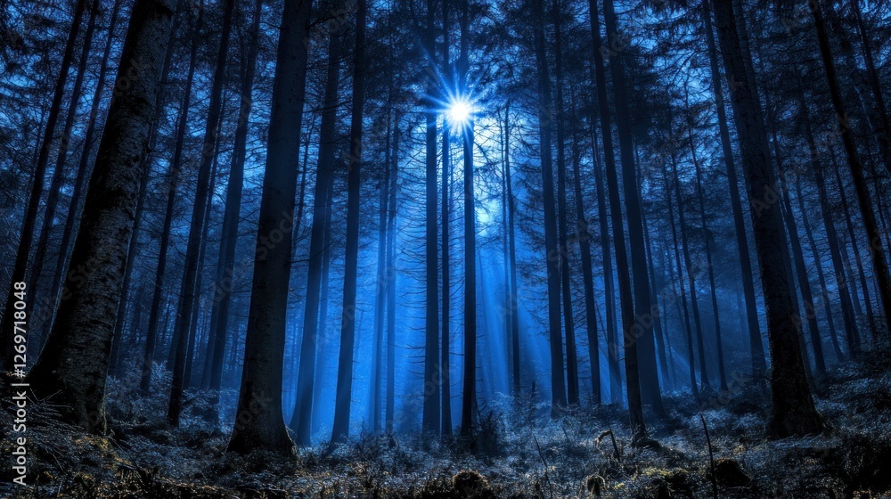 Aufkleber sunlight beams through tall dark trees in a mysterious forest