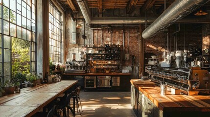 Rustic Industrial Workshop with Exposed Air Pipe and Natural Light