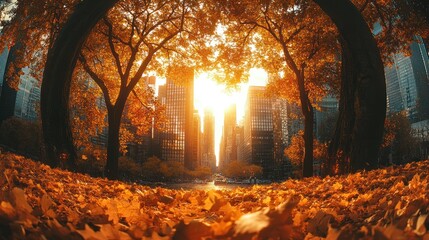 Autumnal city park scene with golden leaves and skyscrapers. Sunlight filters through fall foliage.