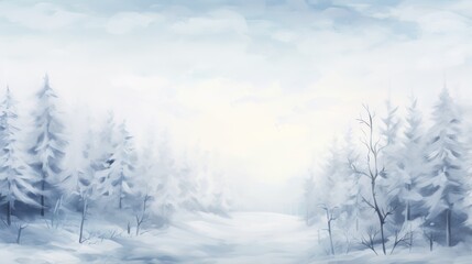 Fototapeta premium Winter Wonderland Landscape with Snowy Hills, Bare Trees, Snowflakes, and Birds in Cloudy Sky - Serene Winter Scene for Seasonal and Nature Themes