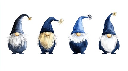 Watercolor Christmas Gnomes in Cartoon Style for New Year's Card or Print