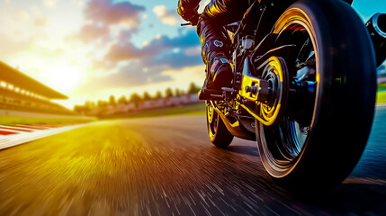 Naklejka premium A person riding a motorcycle on a race track at sunset