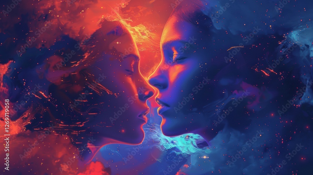 Poster ethereal portrait of two human faces overlapping in cosmic colorful clouds representing connection a