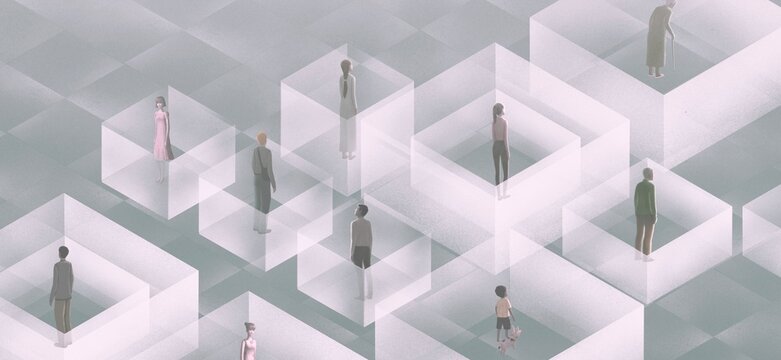 Conceptual artwork of crowd,  alone, , and loneliness. Group of people in the city. Concept art. surreal painting.	
