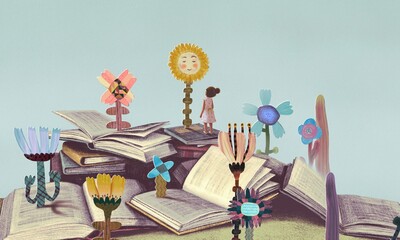 Book of imagination with a girl, Education dream hope inspiration and freedom concept, surreal painting. Fantasy art, conceptual artwork, happiness of child © Jorm Sangsorn