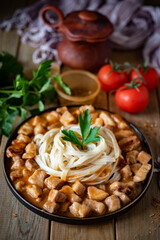 Russian cuisine: pork goulash and pasta on a plate on a wooden table. Pork slices in sauce and pasta for lunch. Vertical photo. Close-up