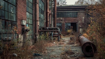 Overgrown Industrial Yard with Rusty Pipes and Abandoned Buildings