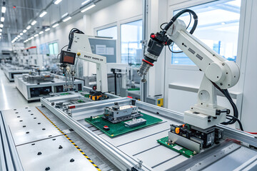 High-Tech Factory with Robotic Arms Assembling Electronics
