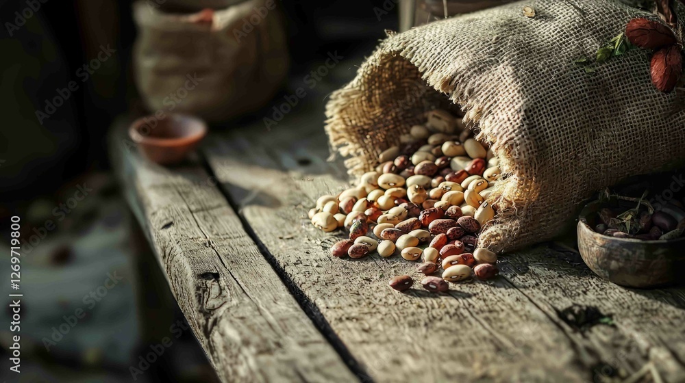 Poster rustic scene with open burlap sack of assorted beans on wooden table