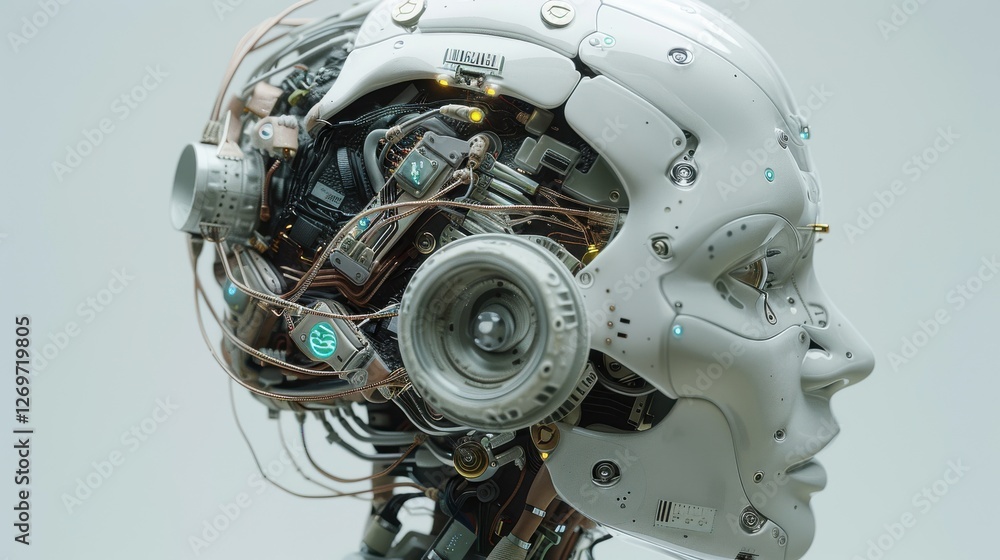 Poster futuristic robot head with intricate circuitry and mechanical components in a modern design