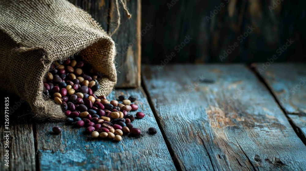 Poster rustic scene with open burlap sack of assorted beans on table