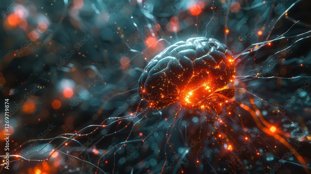Poster innovative representation of neural connections depicting brain activity with vibrant colors and dyn