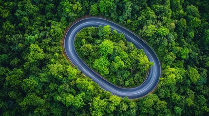 Aerial View of Winding Asphalt Road Through Lush Green Trees