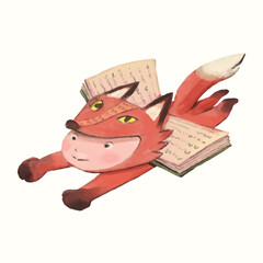 Red fox kid and book. children illustration. watercolor vector. animal cartoon. reading and education concept artwork.	