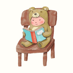 Bear kid and book. children illustration. watercolor vector. animal cartoon. reading and education concept artwork.	