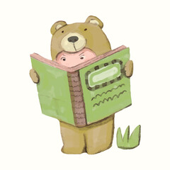 Bear kid and book. children illustration. watercolor vector. animal cartoon. reading and education concept artwork.	