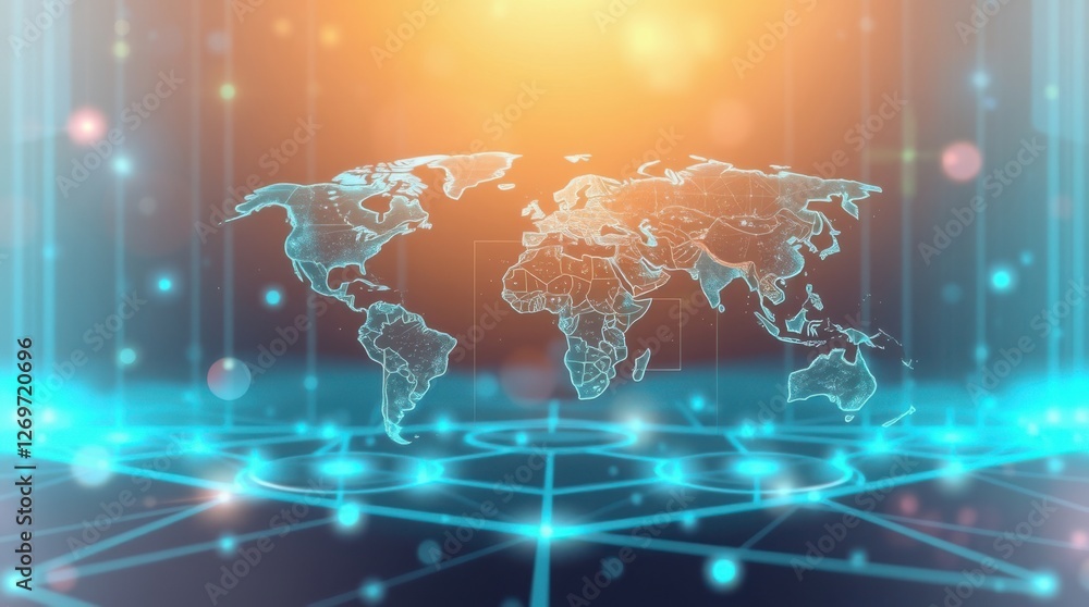 Poster global network: digital world map interconnected by glowing nodes and geometric lines, communication