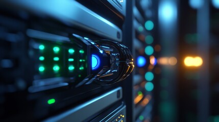 A computer server room with many servers and a large server with a green light. The room is dimly lit and the servers are glowing