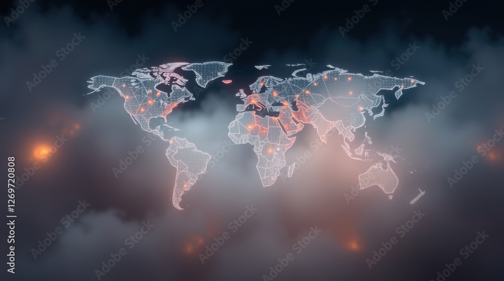 Poster global connectivity: a digital world map with interconnected nodes illuminated in a smoky atmosphere