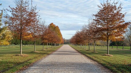 Naklejka premium Serene Autumn Scene with Gravel Path and Lined Trees in Nature