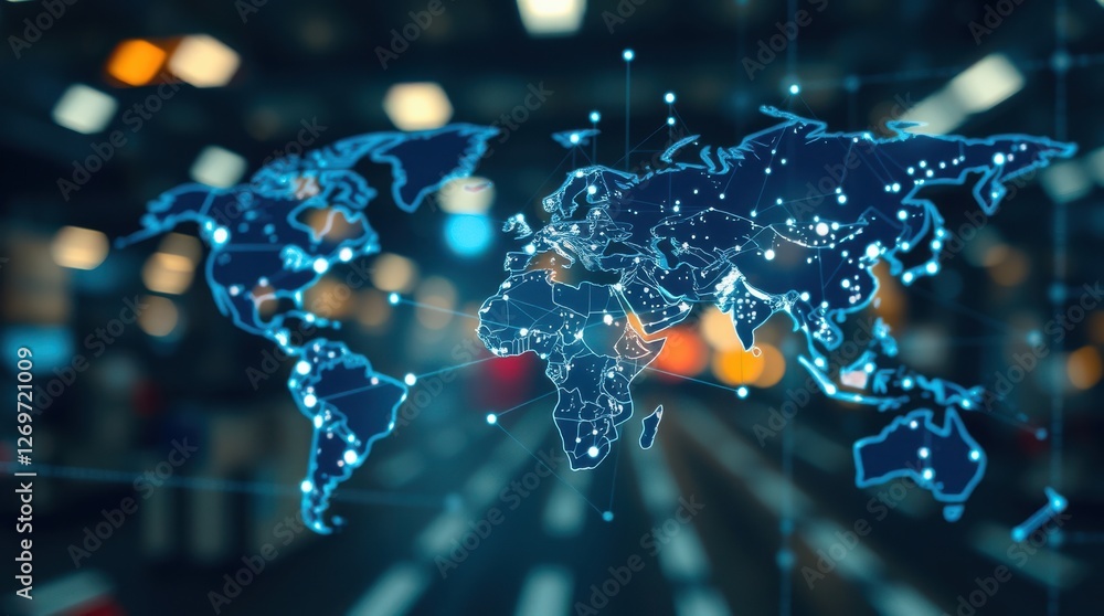 Poster global connections: a digital map showing interconnected continents, symbolizing international netwo