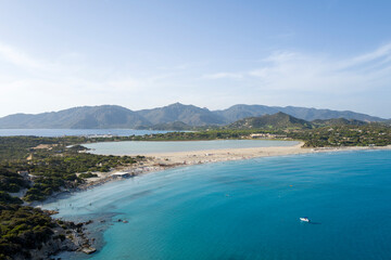 The beach of Porto Giunco in Europe, Italy, Sardinia, Cala Caterina, in summer, on a sunny day.