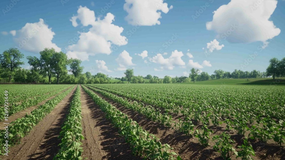 Poster serene farm scene with neatly planted bean rows under clouds