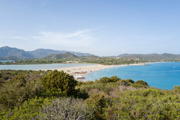 Obraz premium The beach of Porto Giunco in Europe, Italy, Sardinia, Cala Caterina, in summer, on a sunny day.