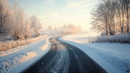 Fototapeta premium Serene Isolated Asphalt Path Cutting Through Snowy Landscape