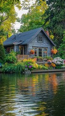 Obraz premium Serene Lakeside Cottage Surrounded by Colorful Flowers and Trees