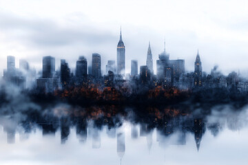 Fototapeta premium A city skyline is reflected in a body of water