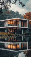 Obraz premium Serene Lakeside Villa with Reflective Exterior Surrounded by Nature