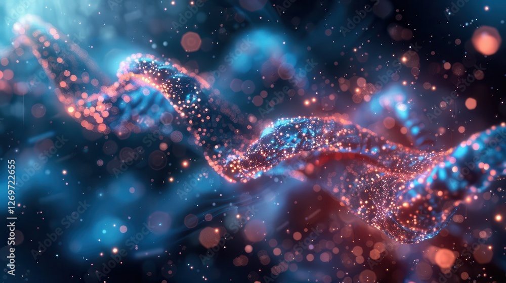 Poster abstract representation of molecular structure with colorful particles in scientific background