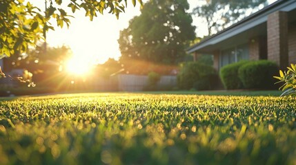 Obraz premium Serene Lawn Illuminated by Gentle Sunlight in a Quiet Suburb