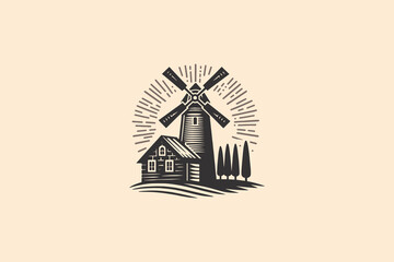 Vintage windmill and farmhouse illustration with retro style. logo, emblem, print © Victoria